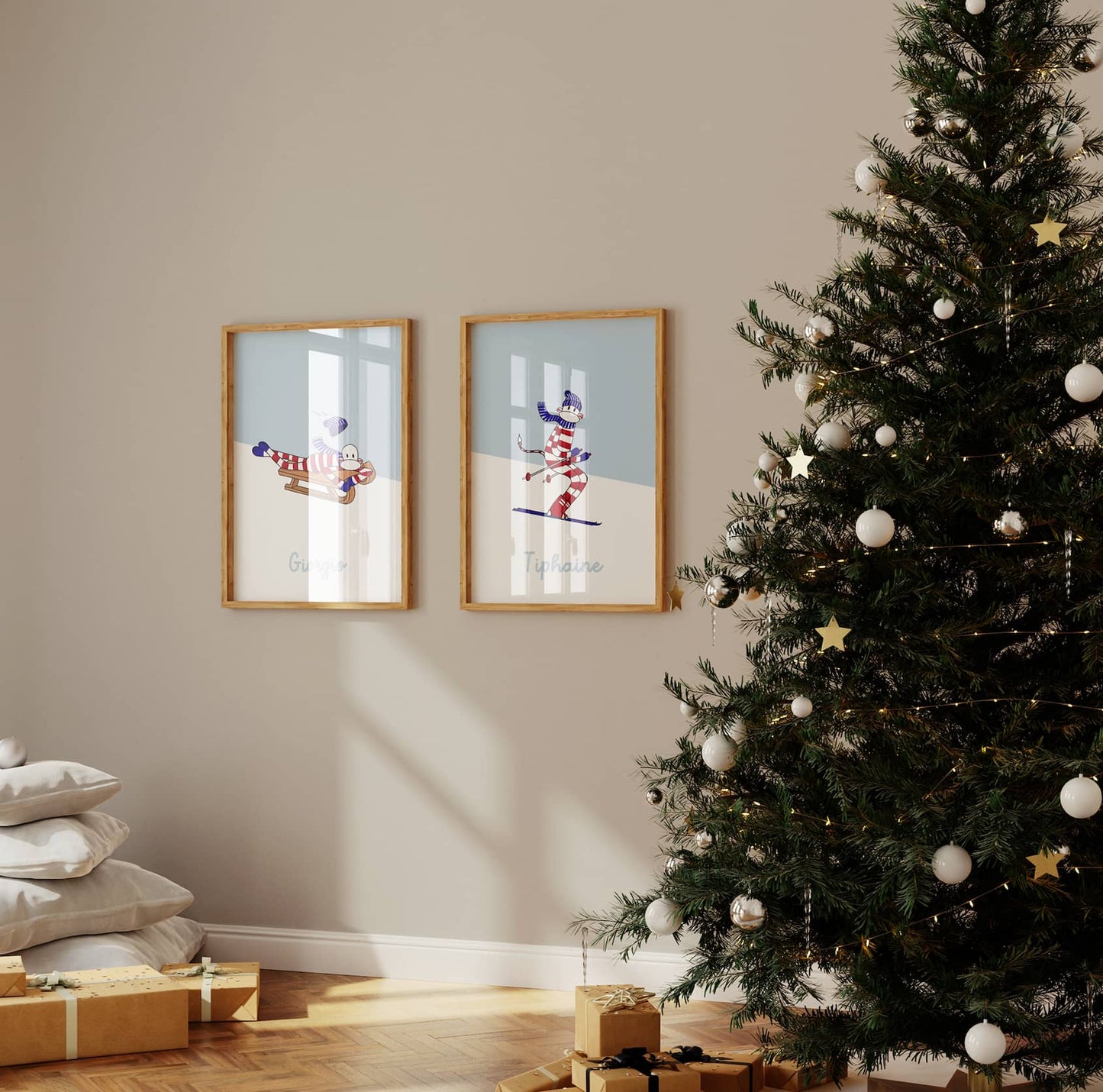 deux posters de décors enfantin de montagne sous un sapin de noël