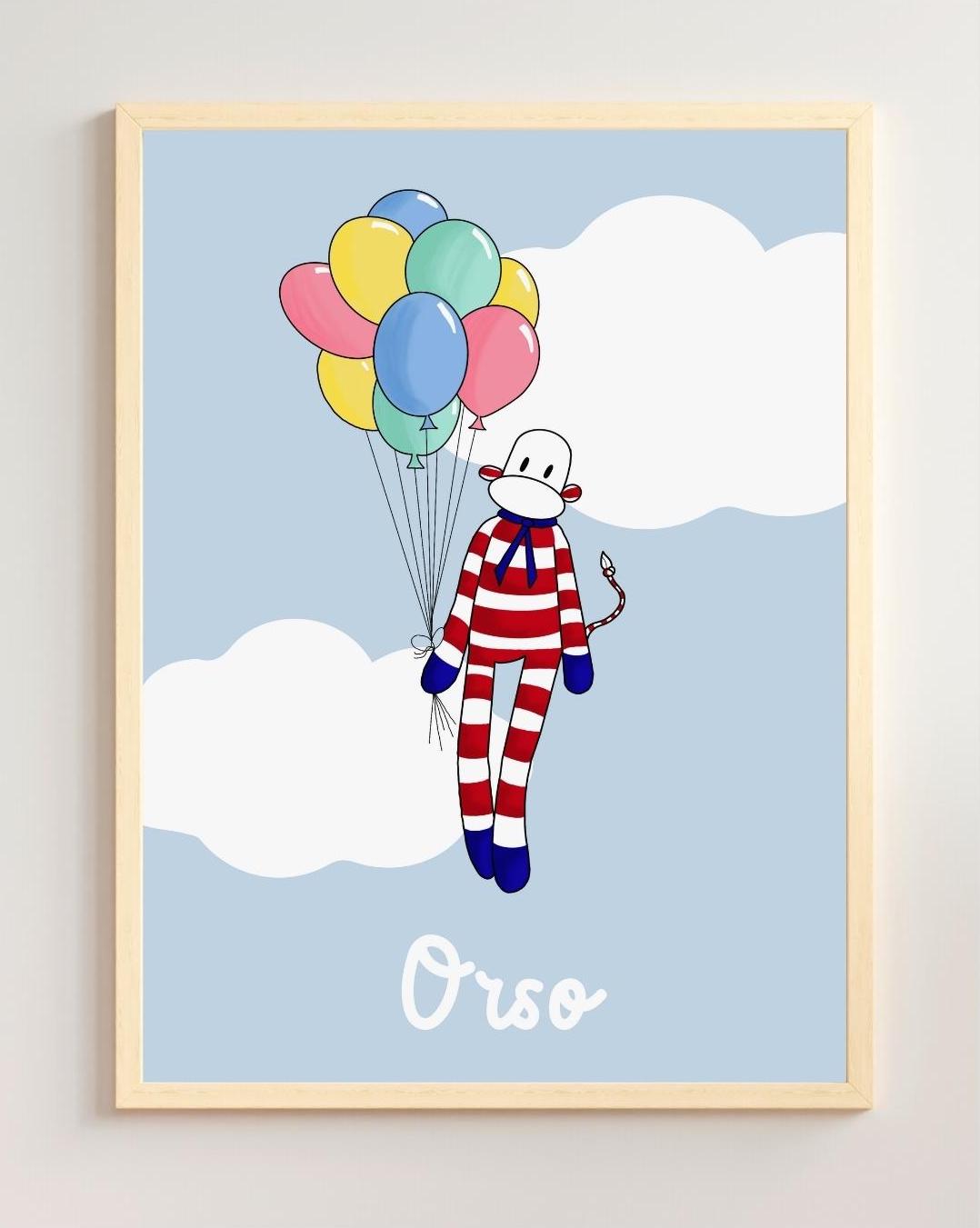 affiche personnalisée singe rouge et blanc à rayures avec des ballons dans un ciel bleu