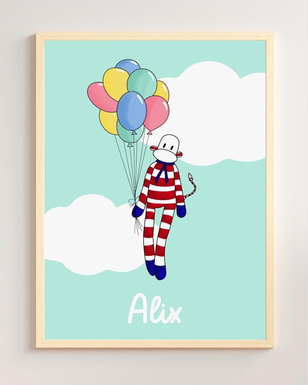 poster personnalisé singe rayures rouges et blanches ciel vert nuage ballons multicolores thème cirque