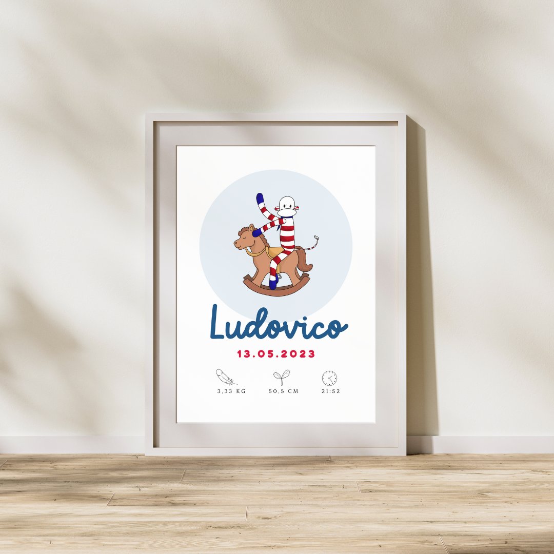 affiche de naissance personnalisée de luxe posée au sol sur parquet