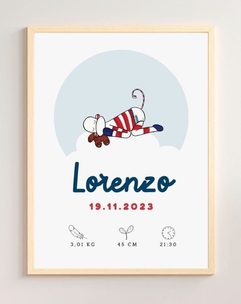 affiche de naissance enfant avec doudou qui dort sur un nuage, prénom, heure, date poids de naissance