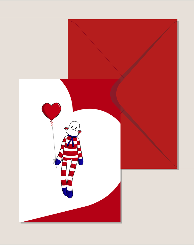 billet de saint valentin singe rayures rouges et blanches ballon coeur