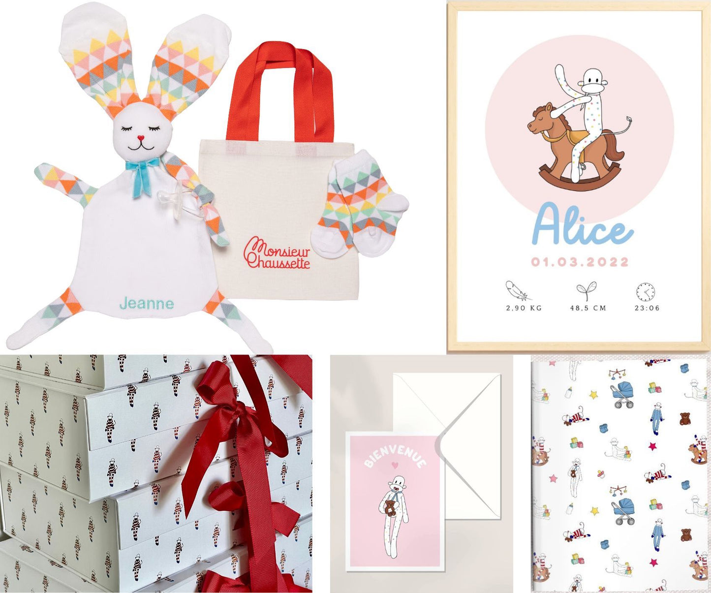 coffret naissance comprenant doudou lapin chaussettes affiches carnet et carte de bienvenue version lucette