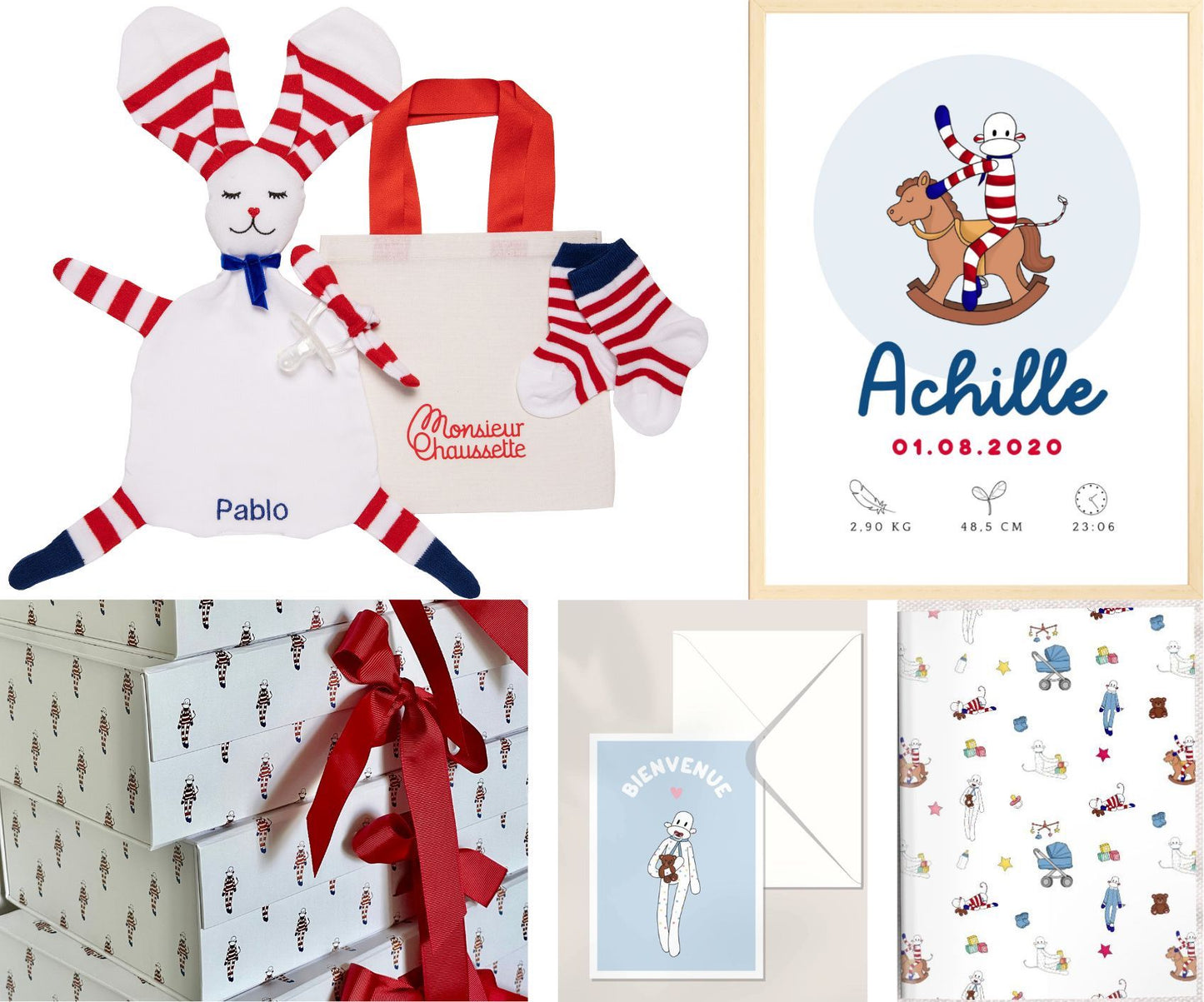 coffret naissance comprenant doudou lapin chaussettes affiches carnet et carte de bienvenue version marin