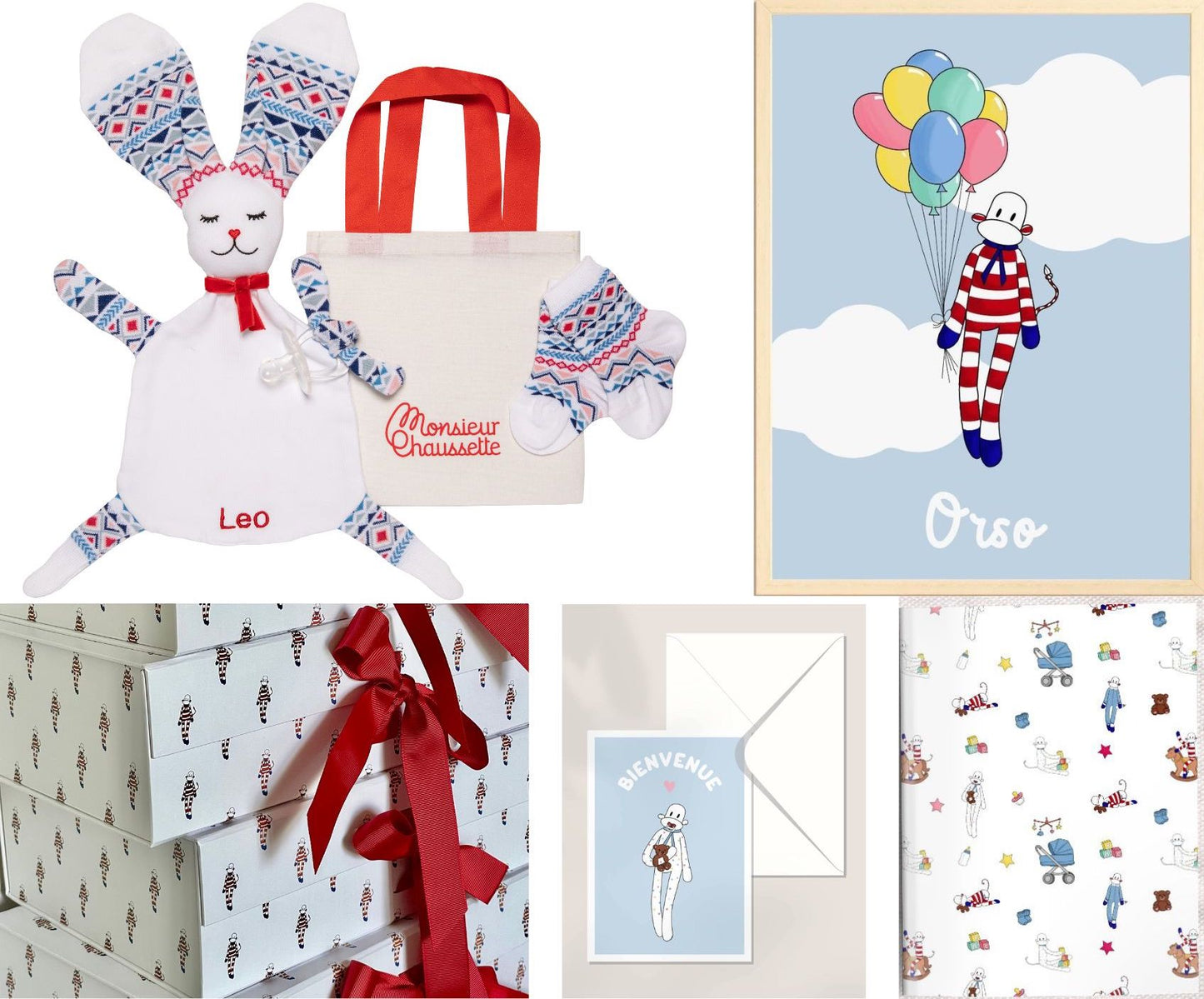 coffret naissance comprenant doudou lapin chaussettes affiches carnet et carte de bienvenue version jeannette