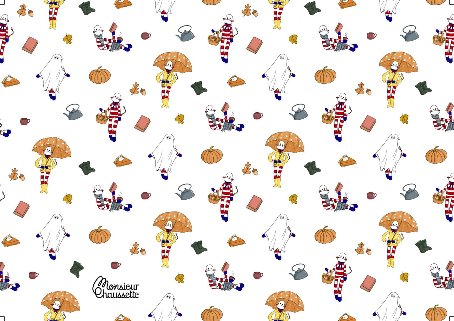 dessin automnal doudou rayures rouges et blanches citrouille gland pecan pie fantôme champignons lecture coin du feu thé citrouille
