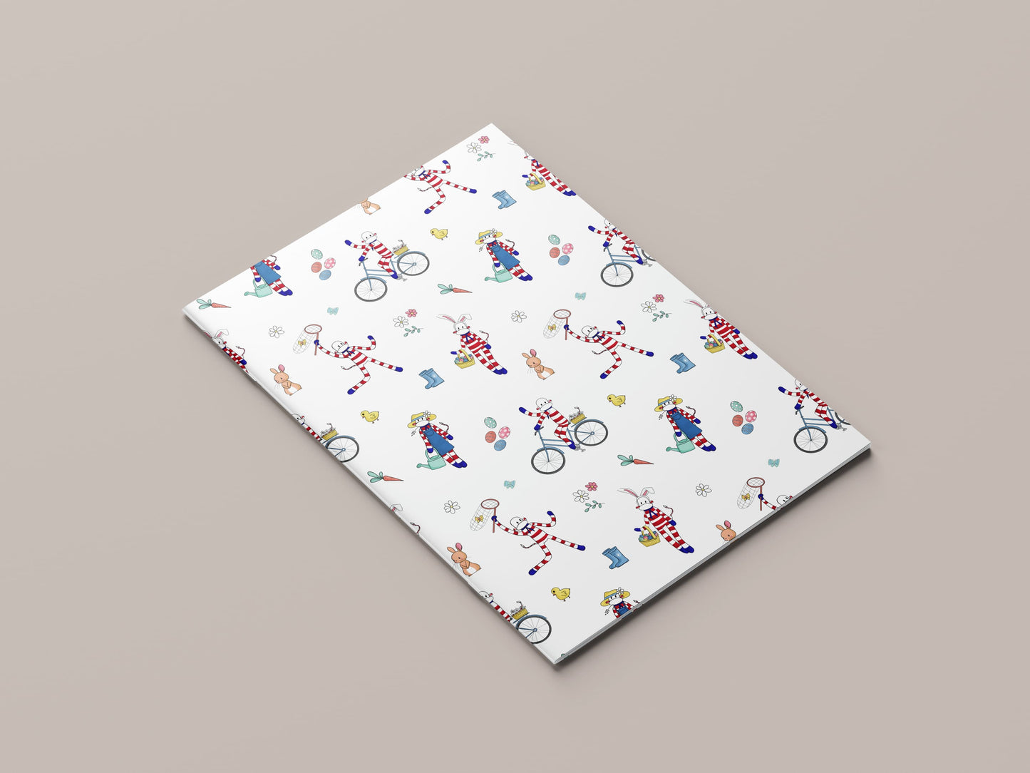 Carnet de pâcques à l'imprimé du printemps de monsieur chaussette avec doudou en lapin, en jardinier, à vélo, qui attrape des papillons