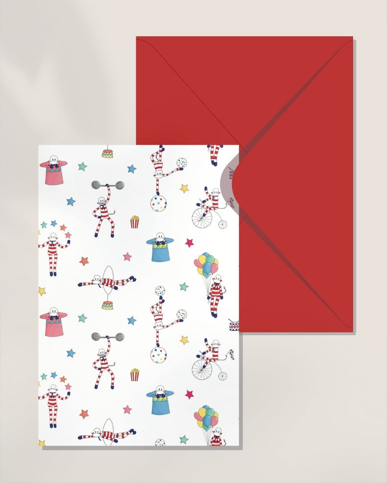 carte double cirque monsieur chaussette enveloppe rouge