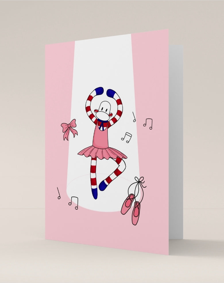 carte pliée double ballerine rose danseuse singe rayures blanches et rouges noeud rose notes de musique