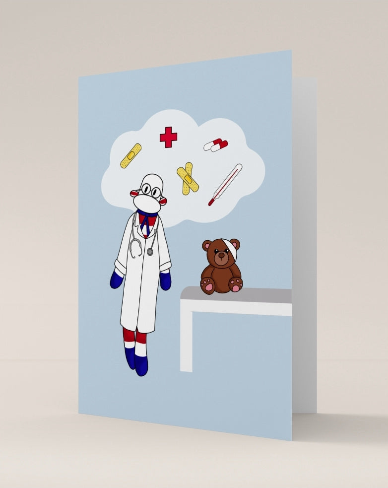 carte double pliée voeux de guérison docteur nounours