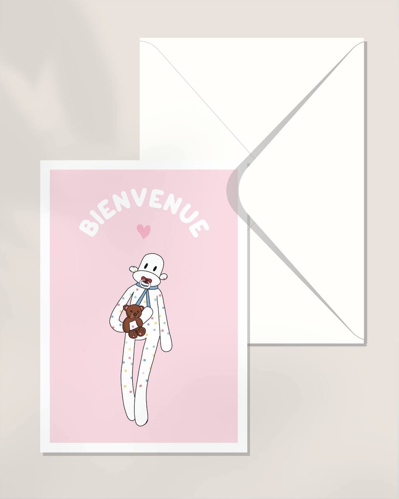 carte simple rose bienvenue naissance bébé fille doudou nounours