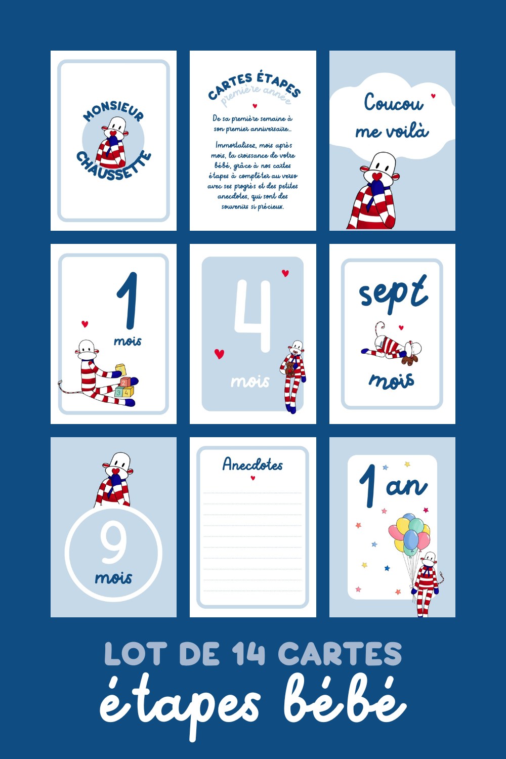 lot de 14 cartes étapes bébé sur fond bleu