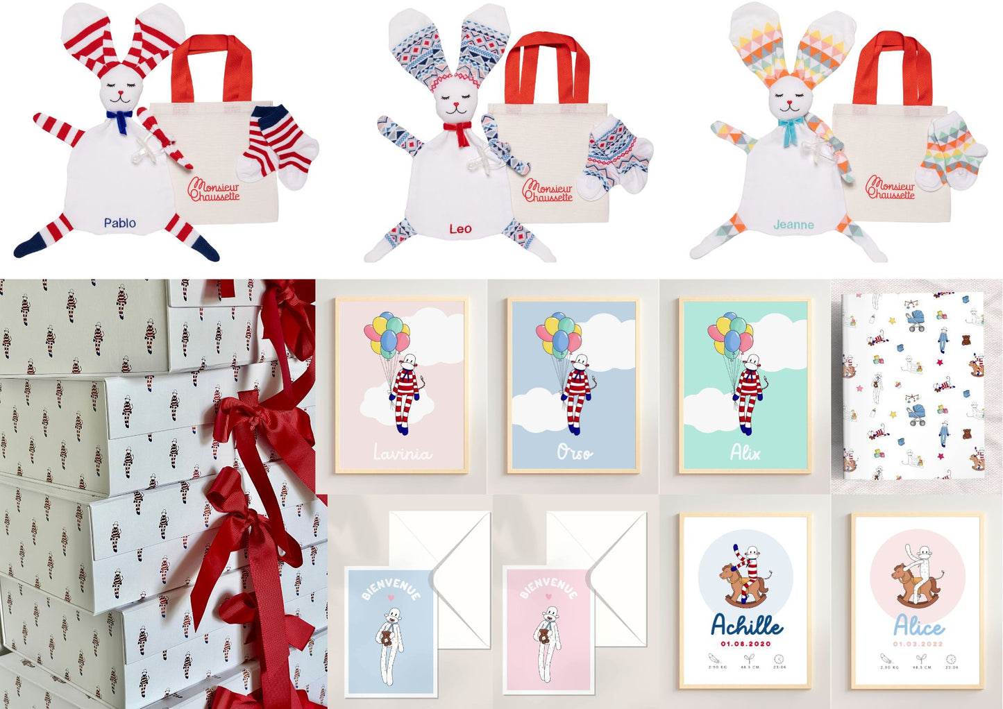 coffret naissance comprenant doudou lapin chaussettes affiches carnet et carte de bienvenue