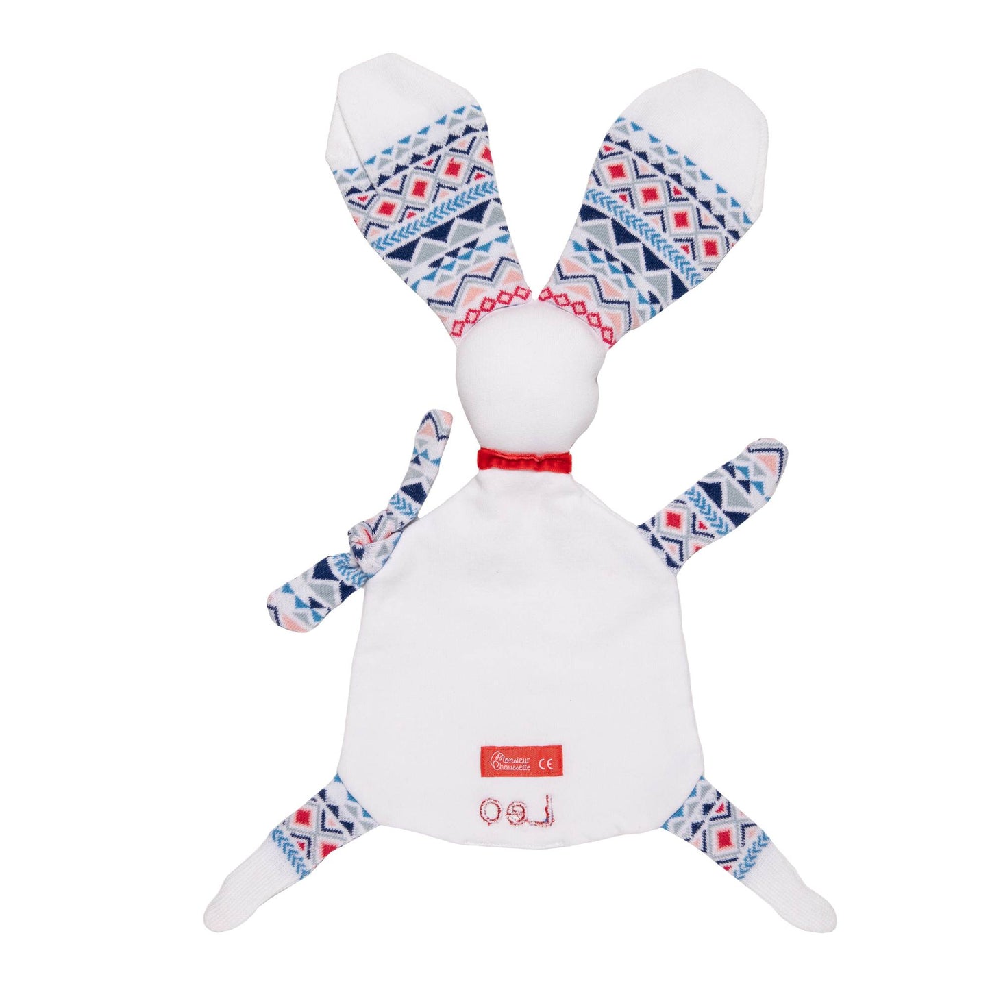 doudou lapin jeannette vue de dos avec revers de broderie