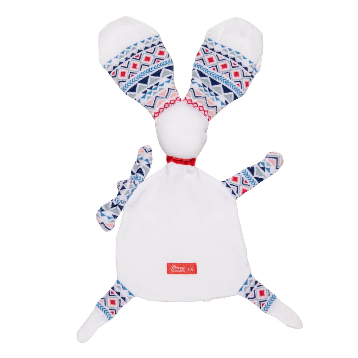 doudou lapin jeannette vue de dos sans broderie avec écharpe rouge et oreilles en chaussettes