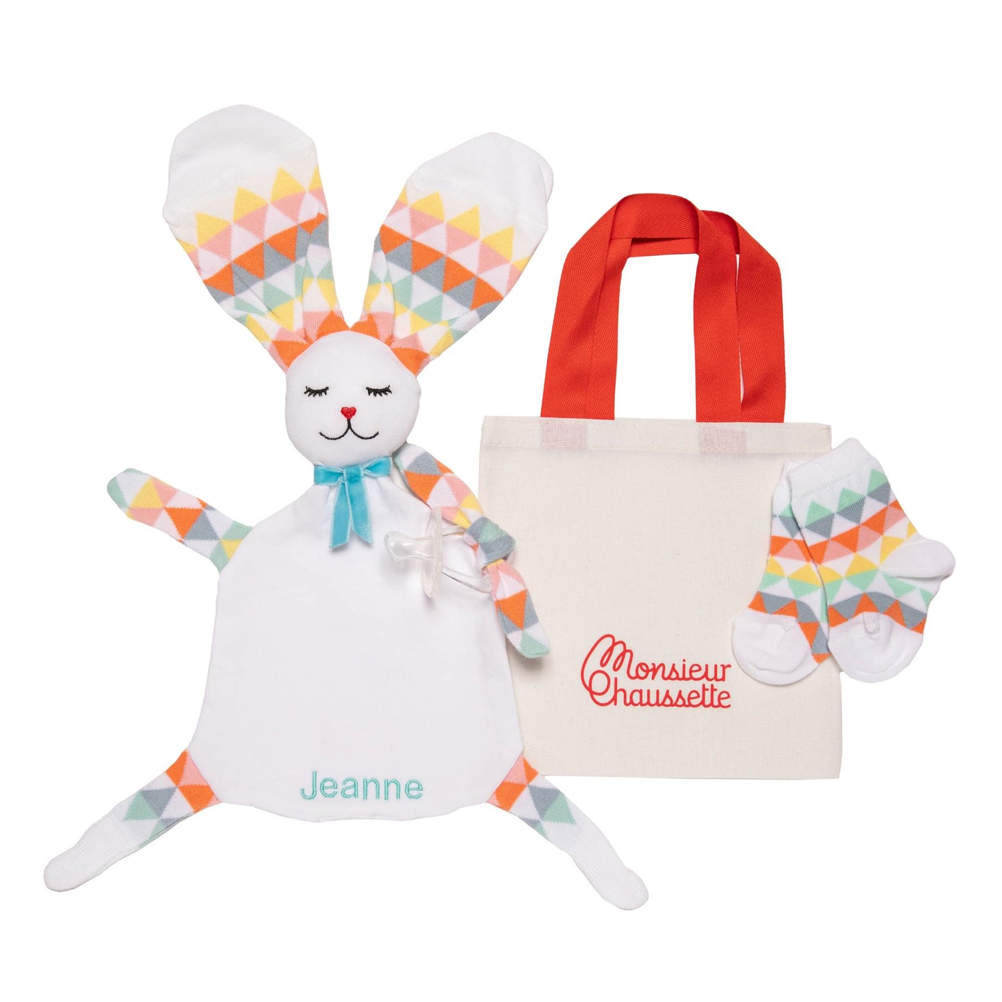 doudou lapin jeannette brodé avec petit sac, tétine et chaussettes