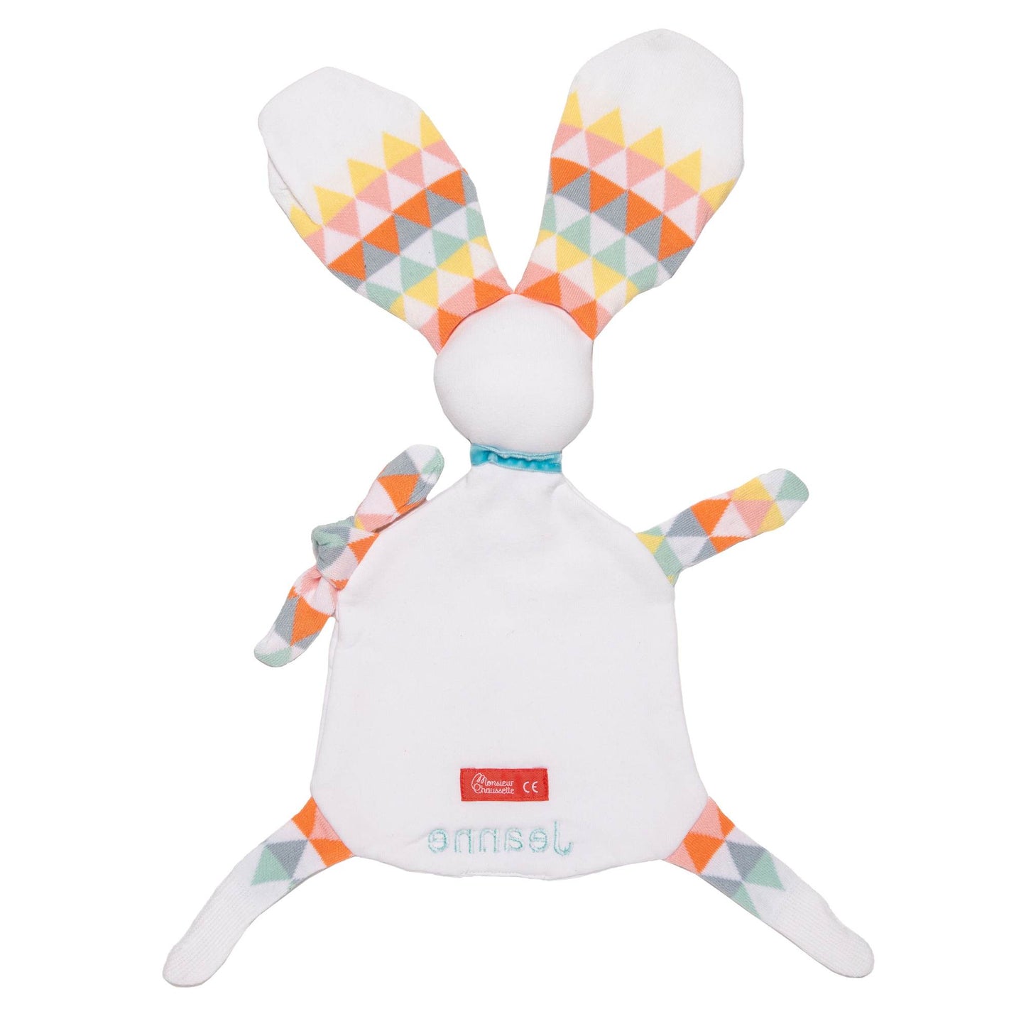 doudou lapin jeannette brodé vue de dos avec grandes oreilles en chaussettes