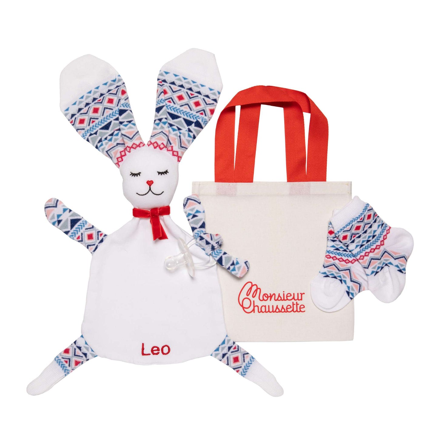doudou lapin jeannette de face et brodé avec petites chaussettes, tétines et paire de chaussettes en chaussettes