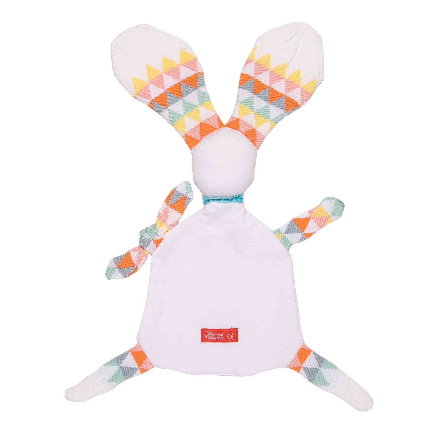 doudou lapin lucette vue de dos avec bras noués et étiquette rouge