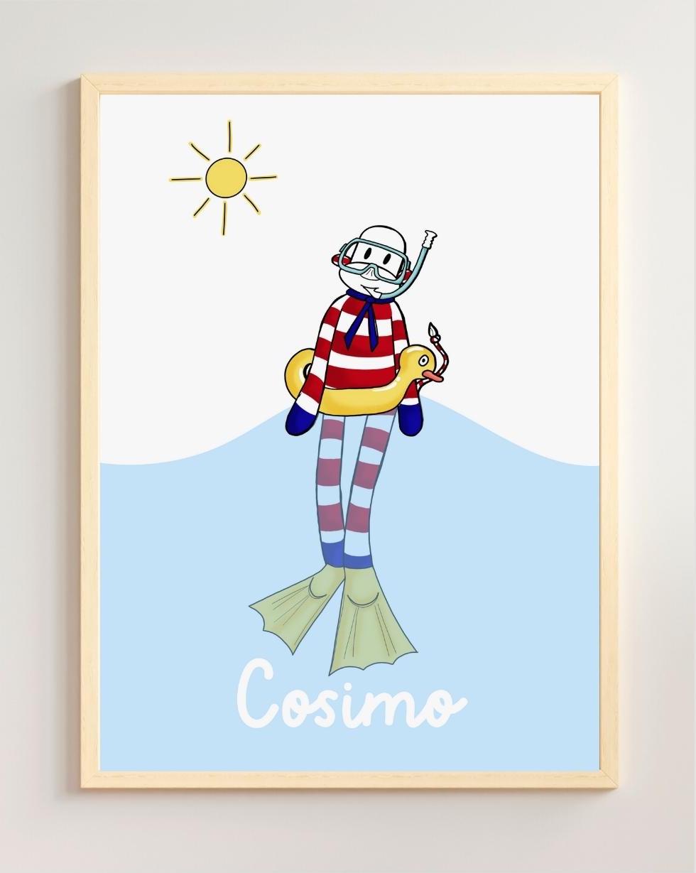 poster singe à la mer avec masque tuba palmes soleil et bouée canard