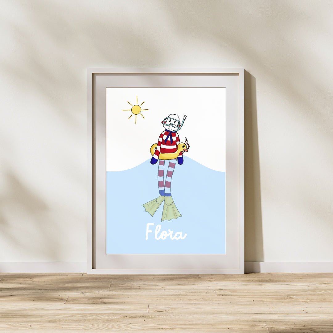 affiches encadré premium chambre enfatn design scandinave doudou mer bouée canard palmes tuba soleil