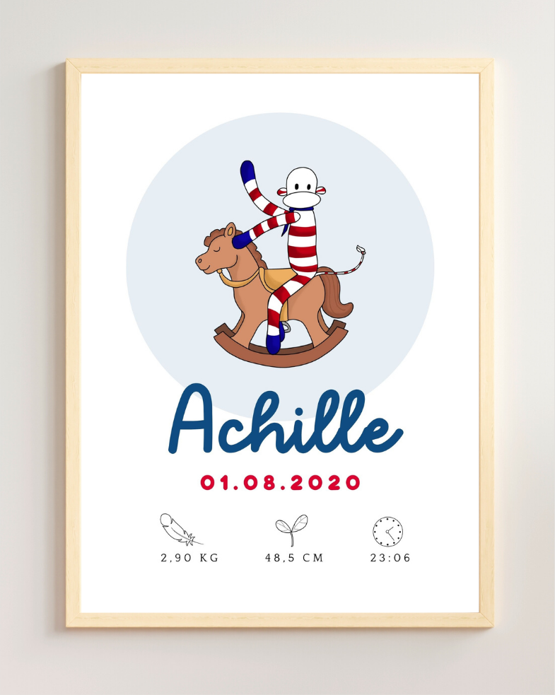 affiche de naissance encadrée et personnalisée au prénom de l'enfant avec monsieur chaussette à rayures blanches et rouges
