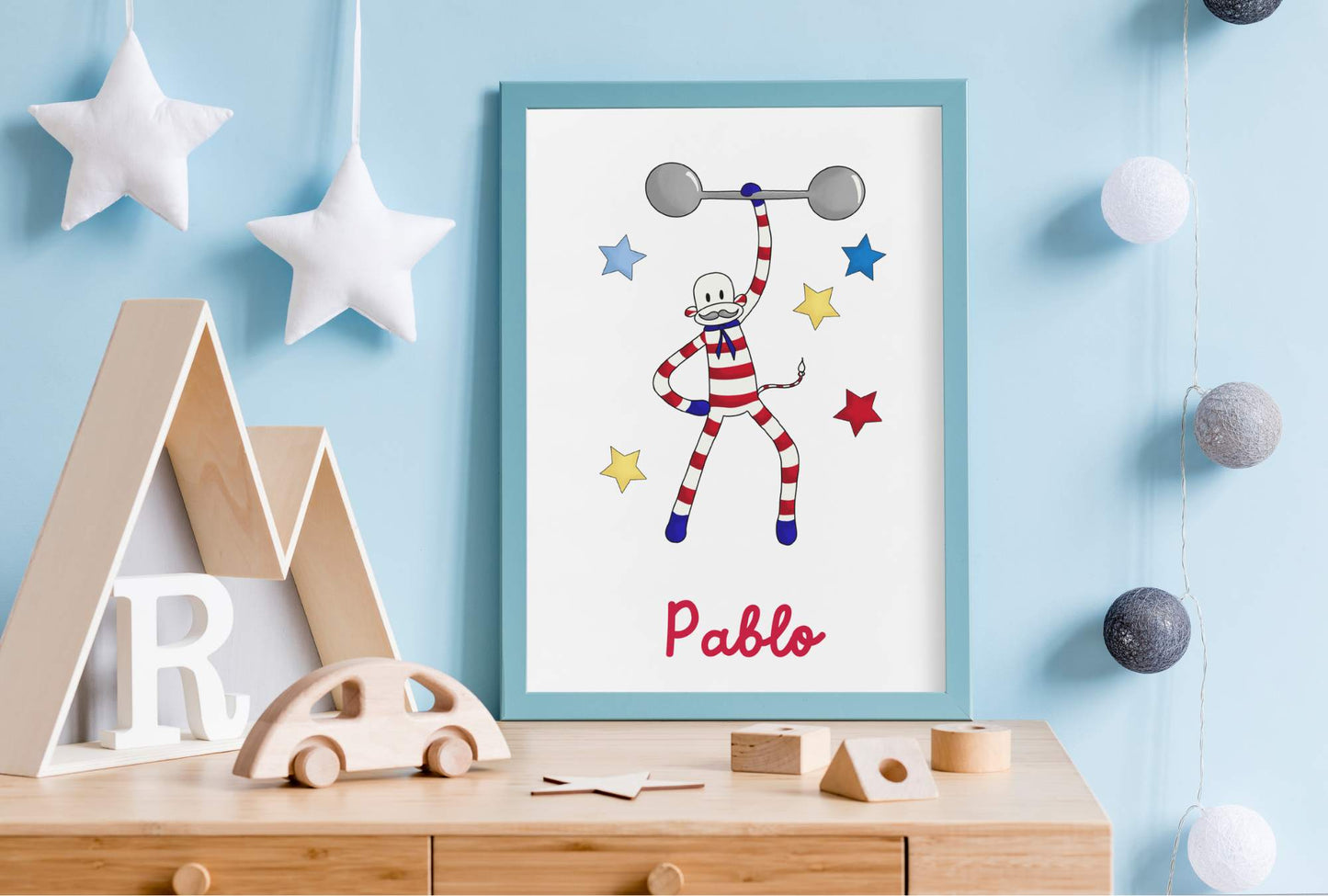 cadre affiche personnalisée homme fort cirque étoiles pablo chambre design bleu scandinave bois cadeau original anniversaire enfant