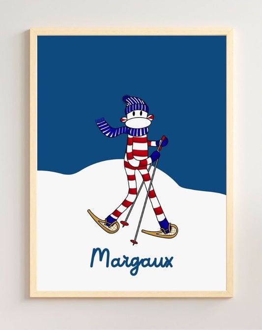 poster doudou singe ski neige raquettes cadeau de noel decoration montagne