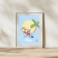 affiche encadrée dans chambre enfant design avec personnage à rayures blanches et rouges à la plage avec soleil et cocotier