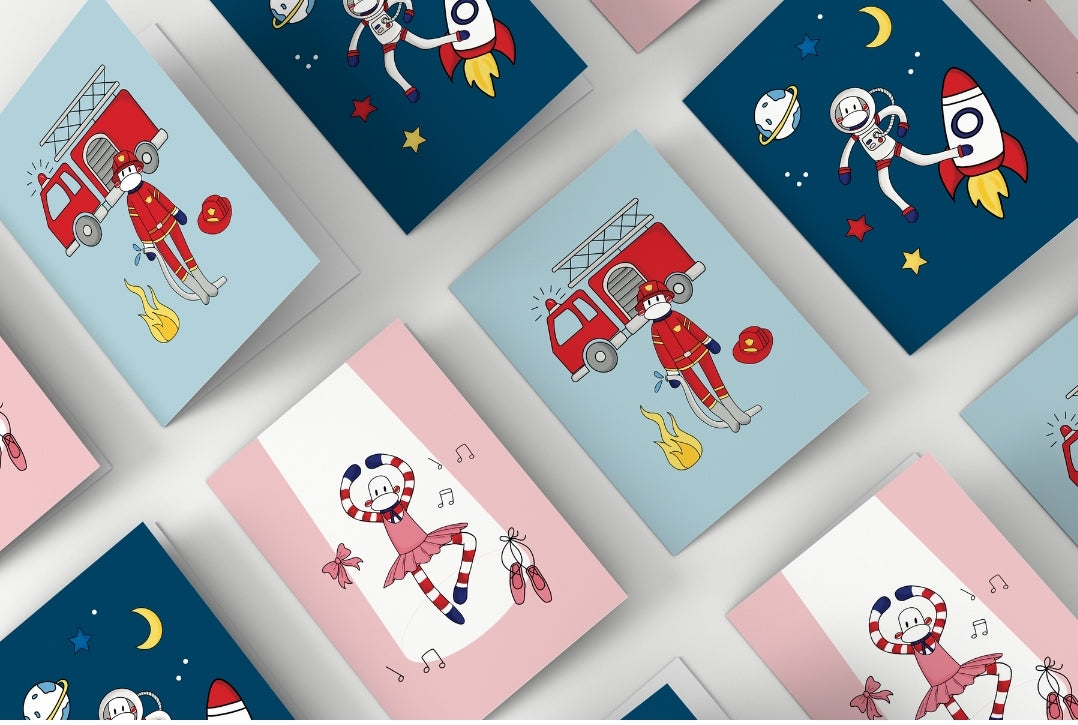 set de cartes pliées ballerine pompier astronaute