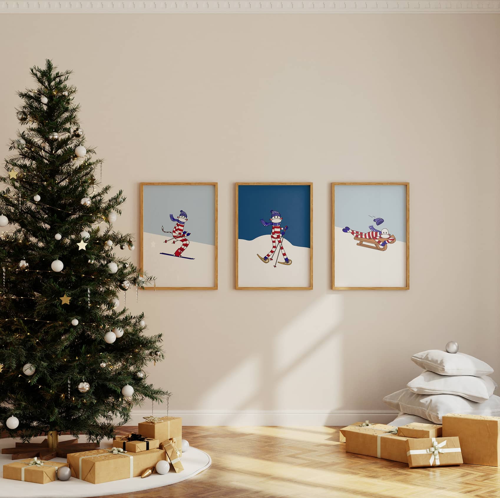 ensemble de tableaux de noël représentant des scénes de sport d'hiver pour enfant dans une ambiance chaleureuse de noel chic