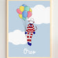affiche personnalisée singe rouge et blanc à rayures avec des ballons dans un ciel bleu