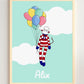poster personnalisé singe rayures rouges et blanches ciel vert nuage ballons multicolores thème cirque