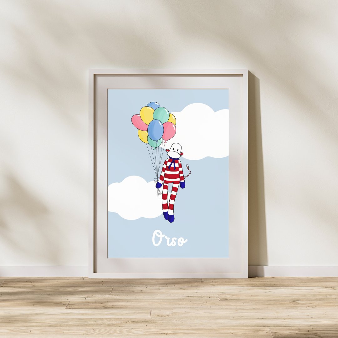 Poster de luxe singe rouge et blanc à rayures avec des ballons dans un ciel bleu posé sur parquet bois