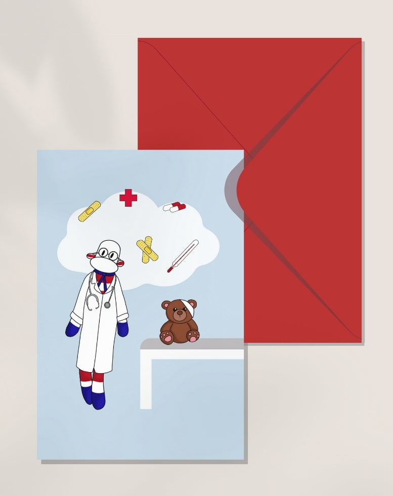 carte voeux de guérison doudou singe déguisé en docteur
