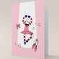 carte pliée double ballerine rose danseuse singe rayures blanches et rouges noeud rose notes de musique