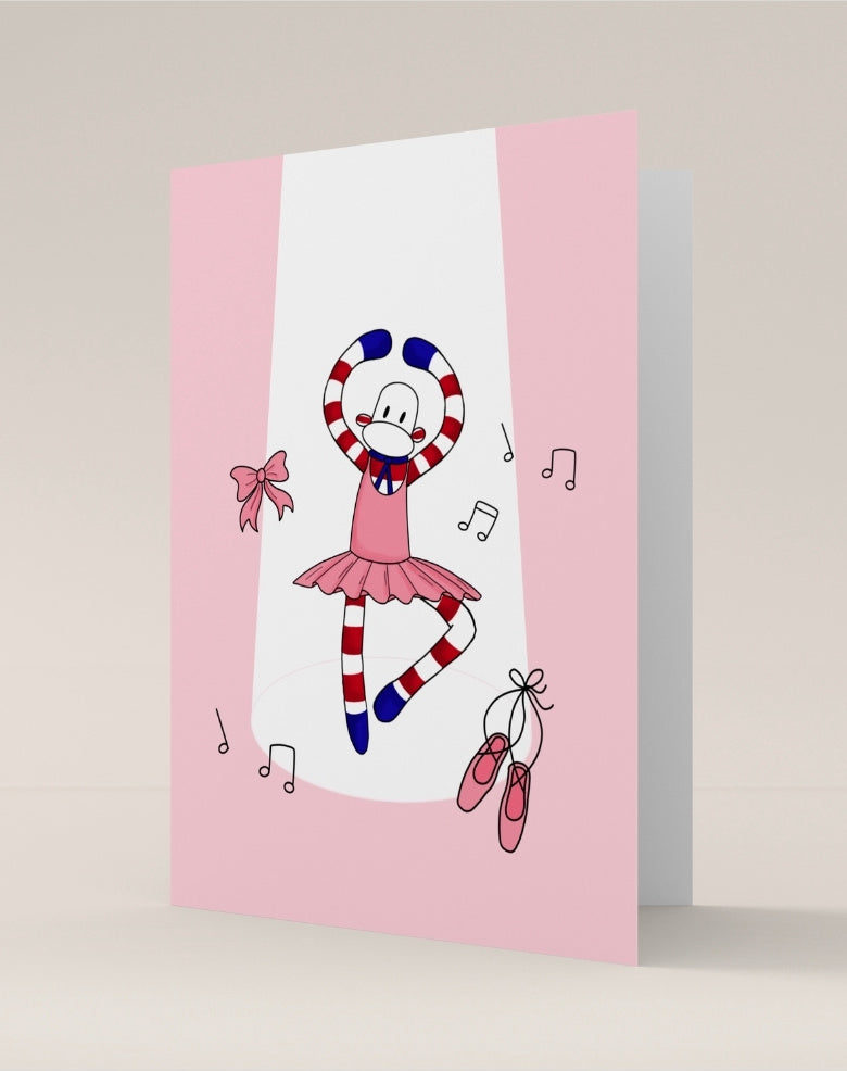 carte pliée double ballerine rose danseuse singe rayures blanches et rouges noeud rose notes de musique