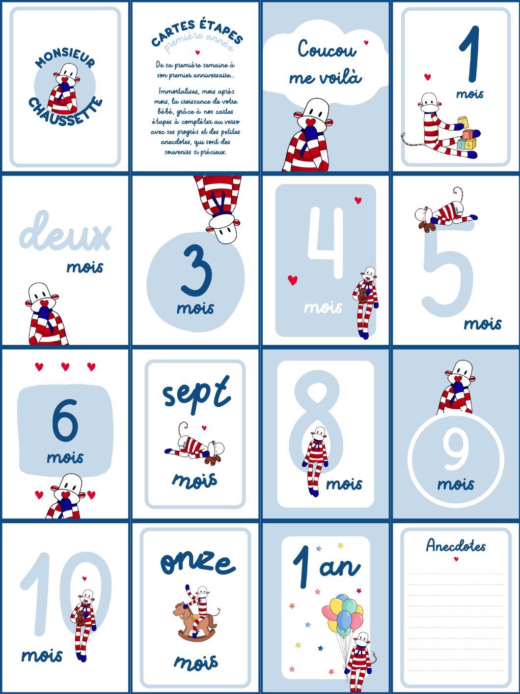 Lot de 12 cartes étapes pour immortaliser les premières semaines de bébé.