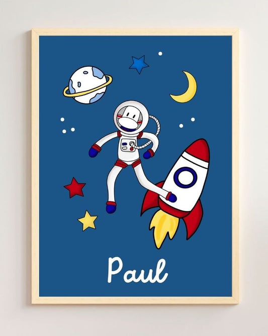 poster personnalisé d'un singe déguisé en astronaute avec une fusée sur fond bleu