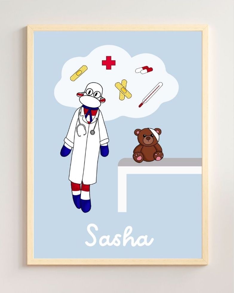 affiche de naissance personnalisée doudou singe è rayures rouges et blanches déguisé en docteur