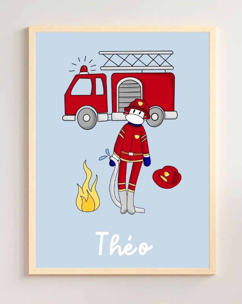 affiche personnalisée enfant singe pompier camion de pompier